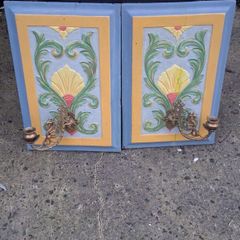 2 X Victorian Hanging Mahogany Wall Panels with Brass Dragon Sconces