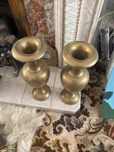 Pair of Vintage Ornate Engraved Brass Urn Vases