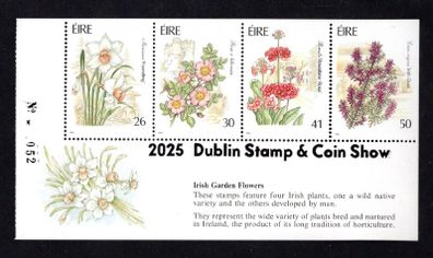 2025 Ireland Stamp & Coin Show Souvenir Sheet No 52 overprinting Irish Garden Flowers (Hibernian HP41) Commemorative Stamps Booklet Pane Mint Never Hinged (MNH)