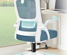 Office Chair, Mesh Desk Chairs with Headrest Lumbar Support, Executive Computer Swivel Chairs with Flip-up Armrests, Comfy Seat, Height Adjustable, Rocking for Home, White & Blue