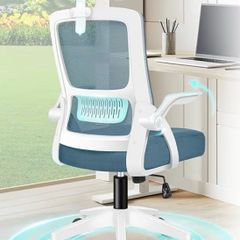Office Chair, Mesh Desk Chairs with Headrest Lumbar Support, Executive Computer Swivel Chairs with Flip-up Armrests, Comfy Seat, Height Adjustable, Rocking for Home, White & Blue