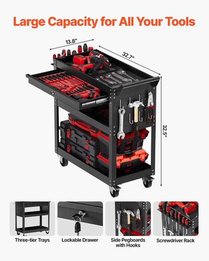 4-Tier Tool Cart with Wheels, 350 lbs Load Capacity, Rolling Work Cart with Drawer & Pegboard, Mechanic Tool Storage Organizer with Locking System for Garage, Warehouse and Repair Shop, Black