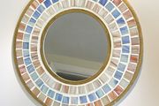 Round mosaic mirror with handcrafted blue and peach mosaic tiles