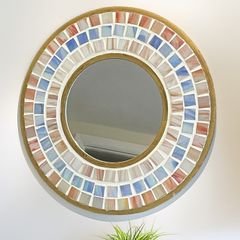 Round mosaic mirror with handcrafted blue and peach mosaic tiles
