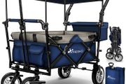 folding handcart with roof, handcart with 3-point belt system, foldable garden trolley, transport trolley with solid rubber tyres, brake and carry bag, green