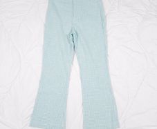 Zara Turquoise Blue White Gingham Check High Waisted Flared Trousers Size S