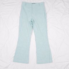 Zara Turquoise Blue White Gingham Check High Waisted Flared Trousers Size S