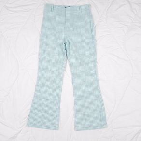 Zara Turquoise Blue White Gingham Check High Waisted Flared Trousers Size S