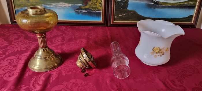 Vintage 21 Inches Tall Brass Double Burner Victorian Oil Lamp With Amber Glass Oil Font And With White Opaque Fluted  Glass Globe Shade