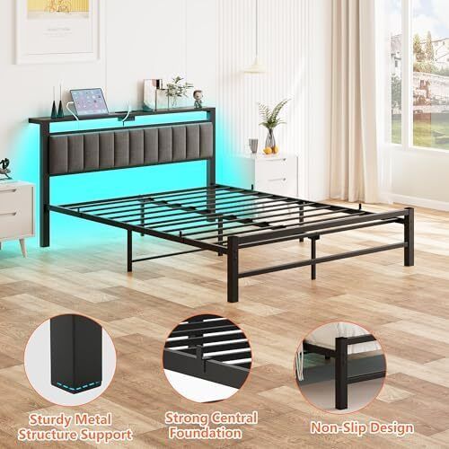 King Size Bed Frame with Storage Headboard, 5ft Upholstered Bed Frame Kingsize with Charging Station and LED Lights/Under Bed Storage