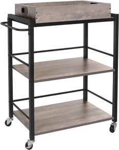 _Serving Trolley with Removable Tray, Lockable Kitchen Trolley with Universal Wheels, Kitchen Shelf, 65 x 40 x 86 cm, Sturdy Metal Frame, Industrial Design, Greige-Black