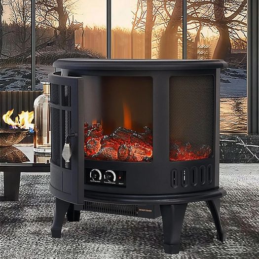 Electric Fire Stove Heater with Realistic LED Log Fire Flame Effect, Adjustable Thermostat, Flame Dimmer, Overheat Protection, 1800W