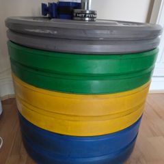 Female barbell(15kg)  plus 100kg of coloured bumper plates