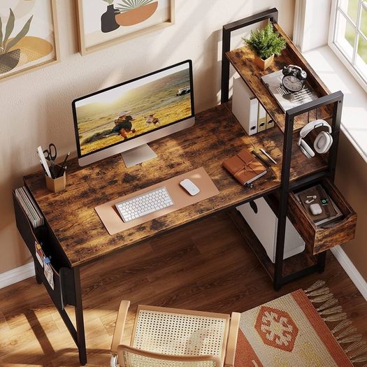 120CM Computer Desk with Storage Shelves Corner Desk Writing Desk with Shelves Reversible Computer Desk with Bookshelf for Home Office Small Space