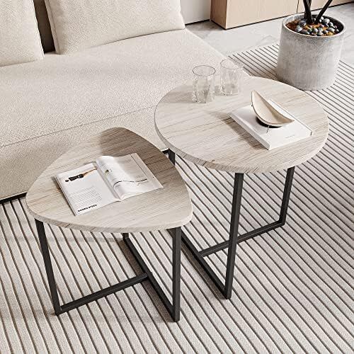 Round Coffee Table Set of 2,Small Coffee Table Living Room Tables,Metal Frame with Wood Side Table,Sofa Tea Table for Small Space/Living Room/Bedroom,Stacking Side Tables,Black + OAK