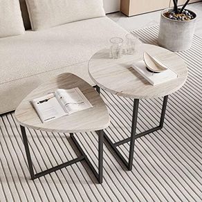 Round Coffee Table Set of 2,Small Coffee Table Living Room Tables,Metal Frame with Wood Side Table,Sofa Tea Table for Small Space/Living Room/Bedroom,Stacking Side Tables,Black + OAK
