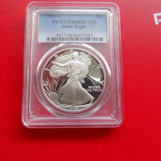 US 1989 S Proof Silver Eagle Dollar.90%Silver.Slabbed.Gem BU.Graded PR68DCAM.