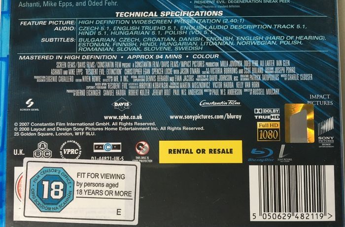 Resident Evil: Extinction [2007] Milla Jovovich, Oded Fehr, Ali Larter & Iain Glen [Blu-ray Movie]