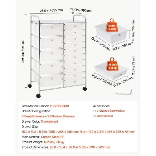 Rolling Cart with Drawers, Double Row 15 Drawer Storage Organizer, Mobile Utility Cart with Chrome Steel Frame, Universal Casters & 2 Brakes, for Office, Classroom, Craft Room, Studio, Garage