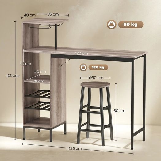 3-Piece Bar Table Set with Storage, Wine Rack, Glass Holders & 2 Bar Stools with Footrests, Space-Saving Design, Grey