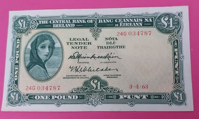 Irish 1963 Lady Lavery One pound banknote in uncirculated condition
