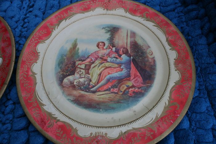 2 Antique Tin Plate Metal Box Co Portland Ware MELODY Shepherds Romantic 10" Wear