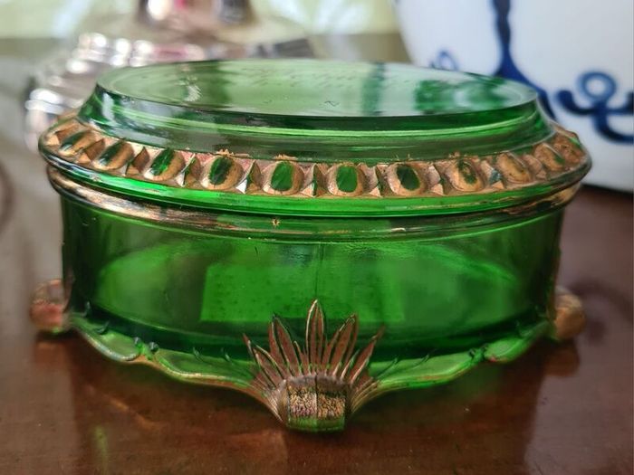 Antique emerald glass trinket box