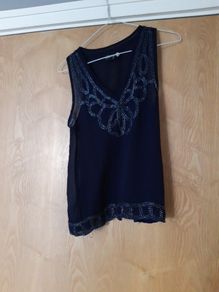 Danity Sheer Beaded Navy Sleevless Top. S.M12/14.