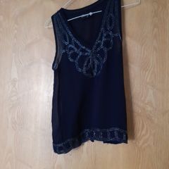 Danity Sheer Beaded Navy Sleevless Top. S.M12/14.