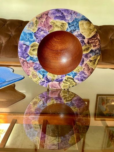 Hand Lathed Signed Coloured Edge Bowl Solid Mahogany