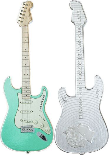 FENDER Stratocaster Guitar 1 Oz Silver Coin 2 Dollars Solomon Islands 2022