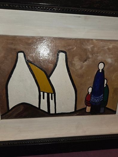Oil on Board Shawlies and Cottages painting - Framed