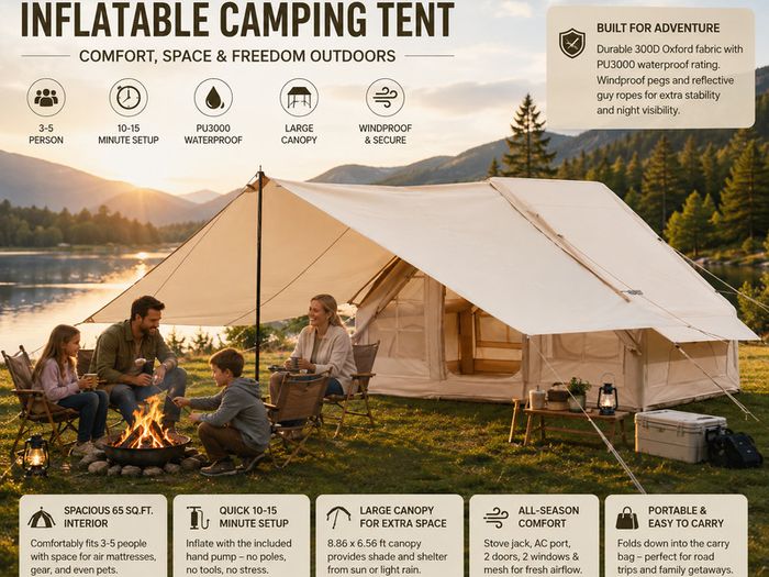 Inflatable Camping Tent 3 to 5 Person with Canopy Stove Jack and Air Pump