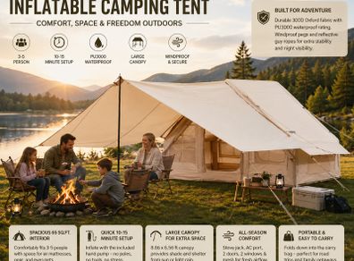 Inflatable Camping Tent 3 to 5 Person with Canopy Stove Jack and Air Pump