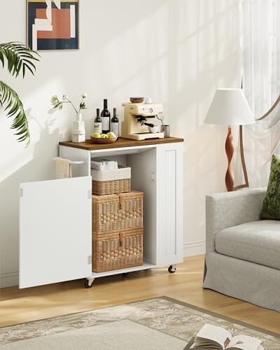 Rolling Kitchen Island Cart with Storage Space Kitchen Island Table with Trash Can, 5 Swivel Castors, Drawer, Spice Rack and Towel Holder for Kitchen