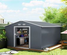 New. 13 x 11ft Garden Metal Storage Shed, Outdoor Storage Tool House with Ventilation Slots, Floor Foundation and Lockable Double Doors, Grey (Free Delivery)