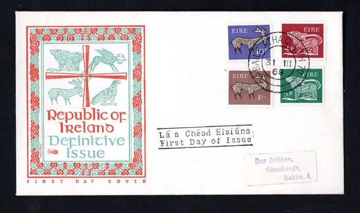 1969 Ireland Gerl Definitive stamps (third series) 4d, 5d, 10d, & 1s Illustrated addressed First Day Cover (FDC) with Baile Atha Cliath (Dublin) Steele Cancel