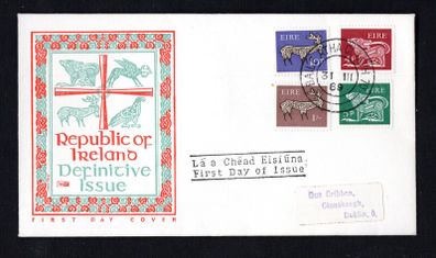 1969 Ireland Gerl Definitive stamps (third series) 4d, 5d, 10d, & 1s Illustrated addressed First Day Cover (FDC) with Baile Atha Cliath (Dublin) Steele Cancel