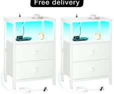 Bedside Table with Charging Station, Side Table with LED Light