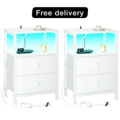 Bedside Table with Charging Station, Side Table with LED Light