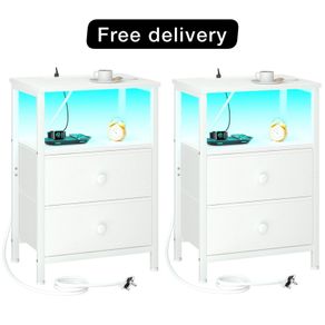 Bedside Table with Charging Station, Side Table with LED Light