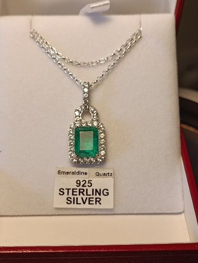 Beautiful Emeraldine & Zircon Pendant in Rhodium Plated Sterling Silver