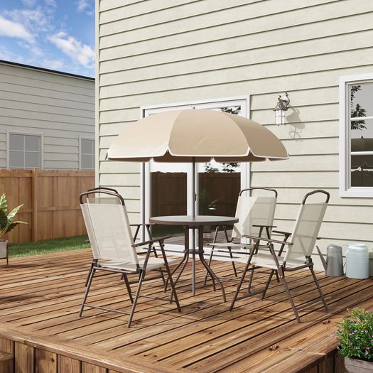 4 Seater Patio Furniture with Parasol, Outdoor Dining Set, Folding Chairs and Table Beige