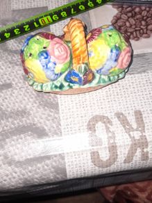 Vintage Hand Painted Ceramic Cruet Shakers design Roses flower balls sitting inside Woven Basket, from Arklow