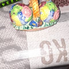 Vintage Hand Painted Ceramic Cruet Shakers design Roses flower balls sitting inside Woven Basket, from Arklow