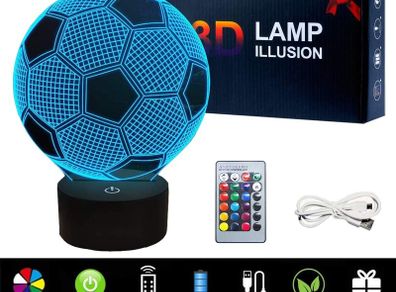 3D Football LED Night Light, USB Charging LED Night Lamp with 16 Colors Changing Touch Switch and Remote Control Perfect Decoration for Bedroom and Gifts for Kids/Birthday/Christmas