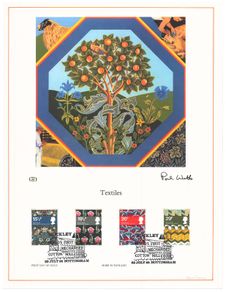 1982 Great Britain Limited Edition Lithographed Print measuring 333mm X 257mm showing British Textiles Commemorative stamps with First Day of Issue Cancel