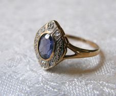 9ct Gold Iolite & Diamond Cluster Ring - Art Deco Style, Size N, 2.1g, Fully Hallmarked