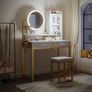 Dressing Table Set, with height-adjustable mirror for 120x180 cm, LED Lights with Adjustable Brightness, Vanity Table with stool, 2 fabric Drawers and 4 Open Compartments, 80x40x136cm, White+Gold Image 6