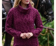 Womens Merino Wool Aran Jumper - Berry colour - Size M UK 10 - RRP 113